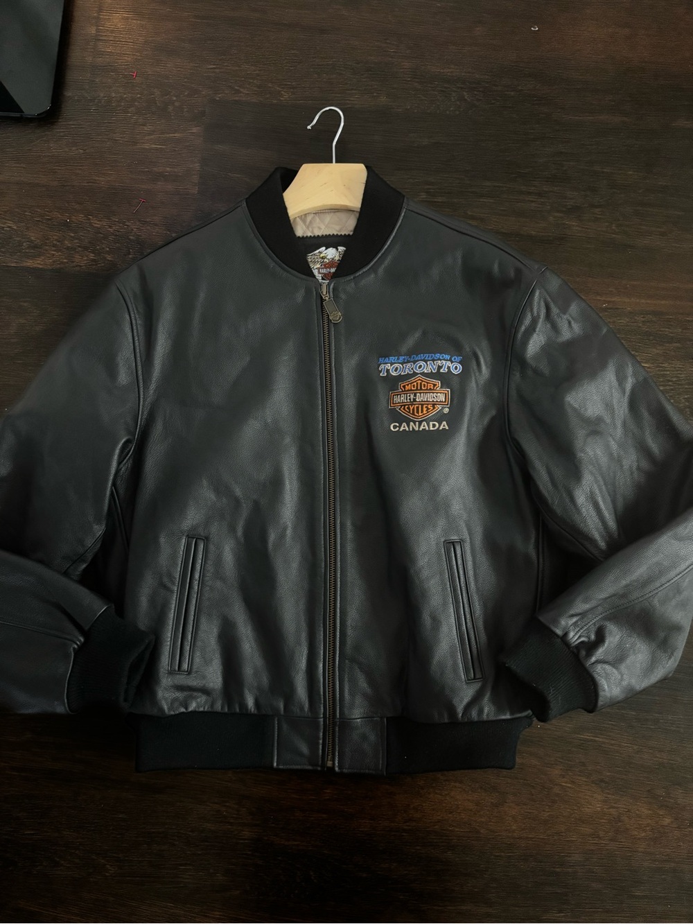 Harley-Davidson Black Leather Bomber Jacket with Toronto Patch